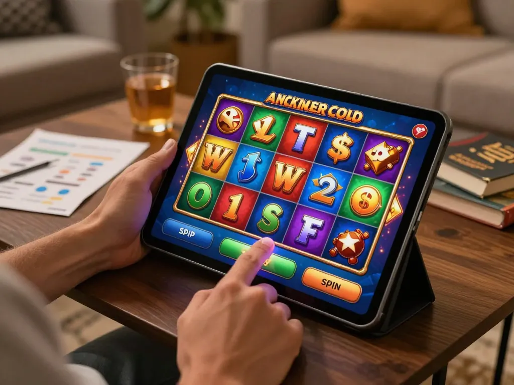 Berkelut dengan Slot Demo di tablet dalam ruang tamu yang nyaman, menampilkan permainan online interaktif.