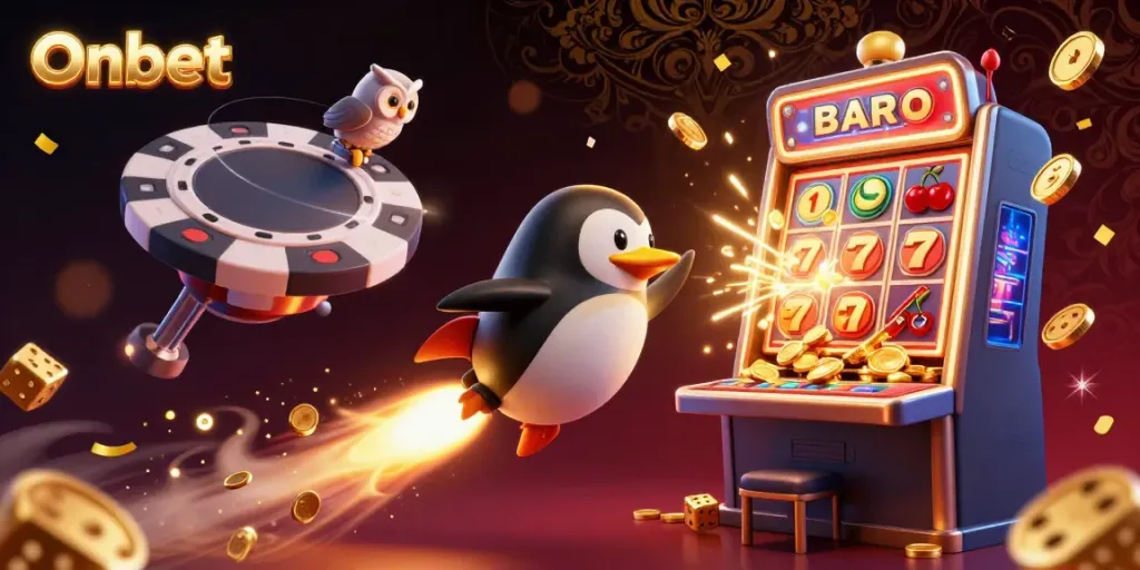 Experience the thrill at Onbet with vibrant 3D casino elements including slots, gold coins, and explosive jackpots.