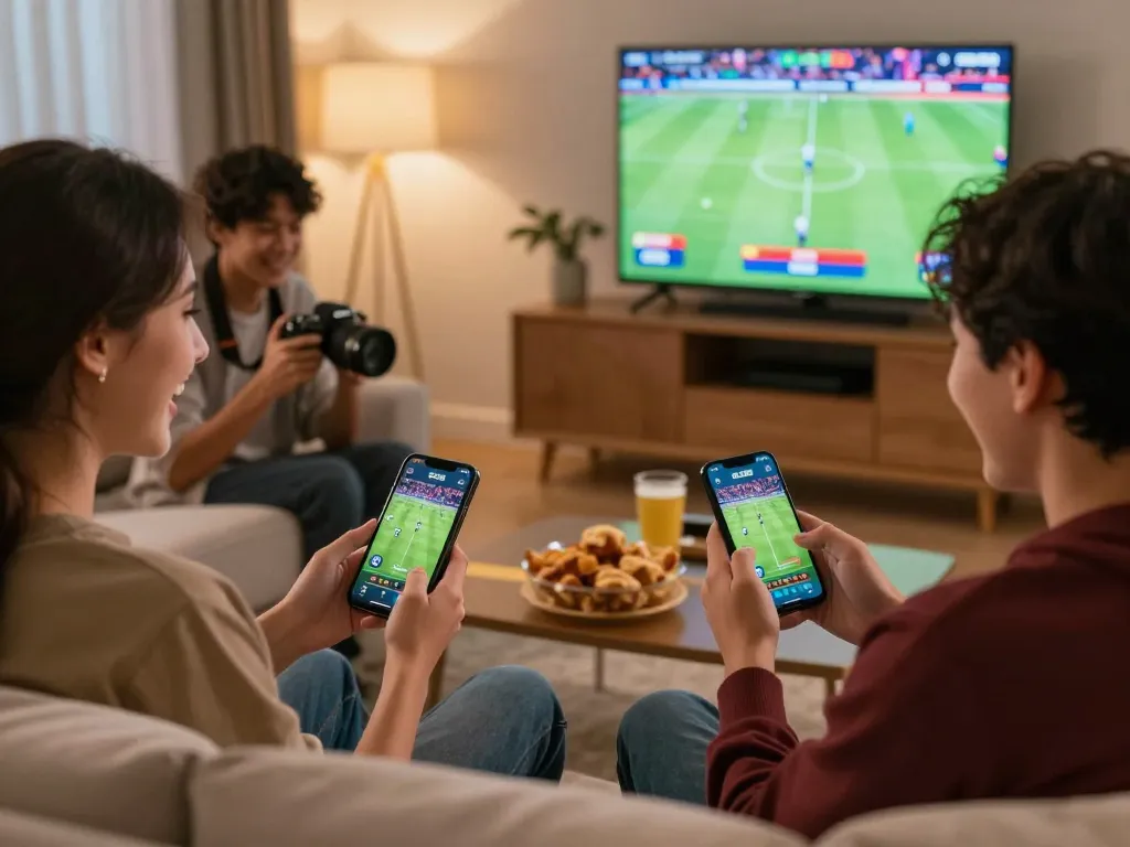 Exciting online gaming experience with friends using the SC88 mobile application for betting and casino games, showcasing a vibrant living room atmosphere.
