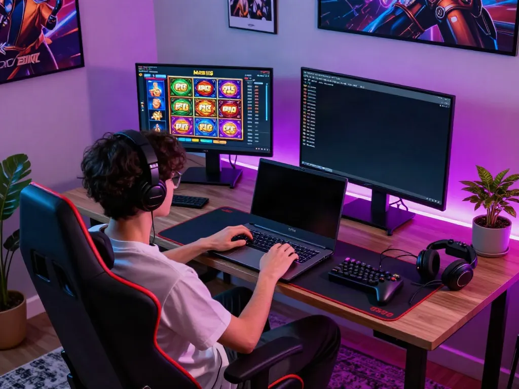 Seorang gamer menikmati Mahjong118 di laptop gaming modern dengan suasana penuh warna.