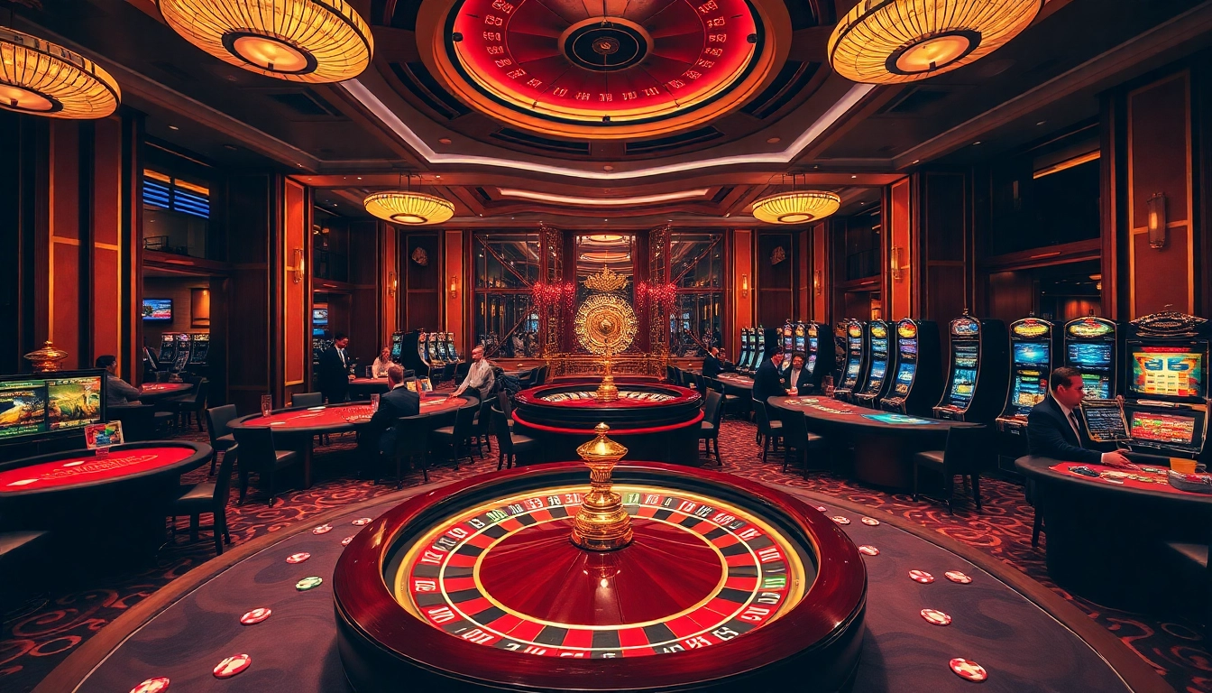 Experience high-stakes play at the luxurious casino interior of hz88.life with vibrant roulette wheels and elegant poker tables.
