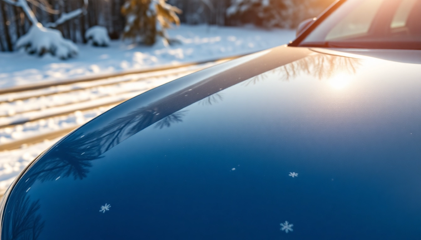 PPF winter road salt protection showcased on a vehicle with a glossy finish and snowy background.