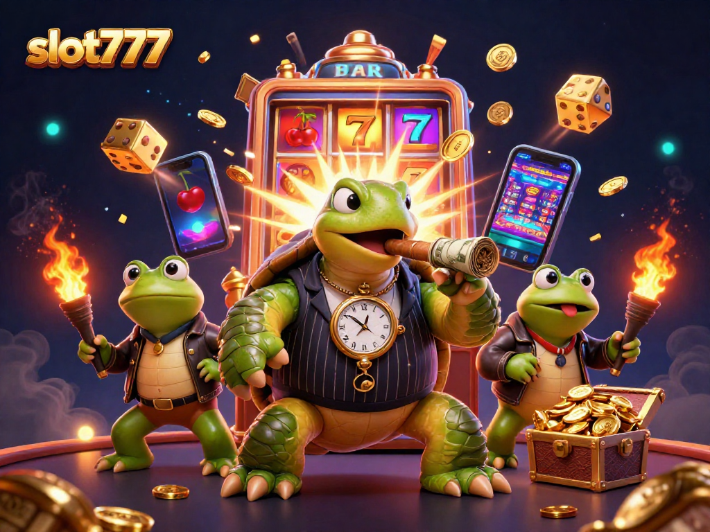 Engage with slot777 as a turtle mobster and bullfrogs showcase exciting casino action and jackpots.