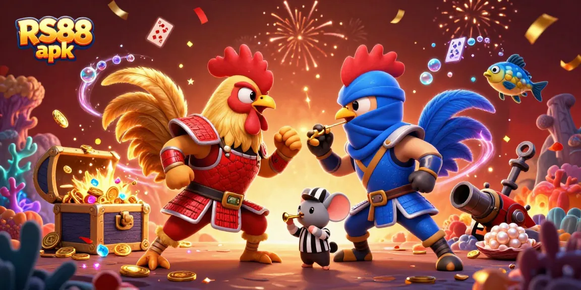 Engage in excitement with RS88 apk, a 3D scene of fighting roosters and casino elements.