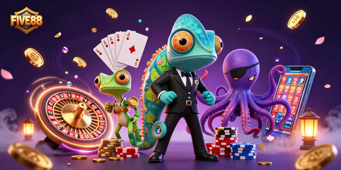 Join the action with FIVE88 at the vibrant casino featuring colorful characters and exciting game elements.