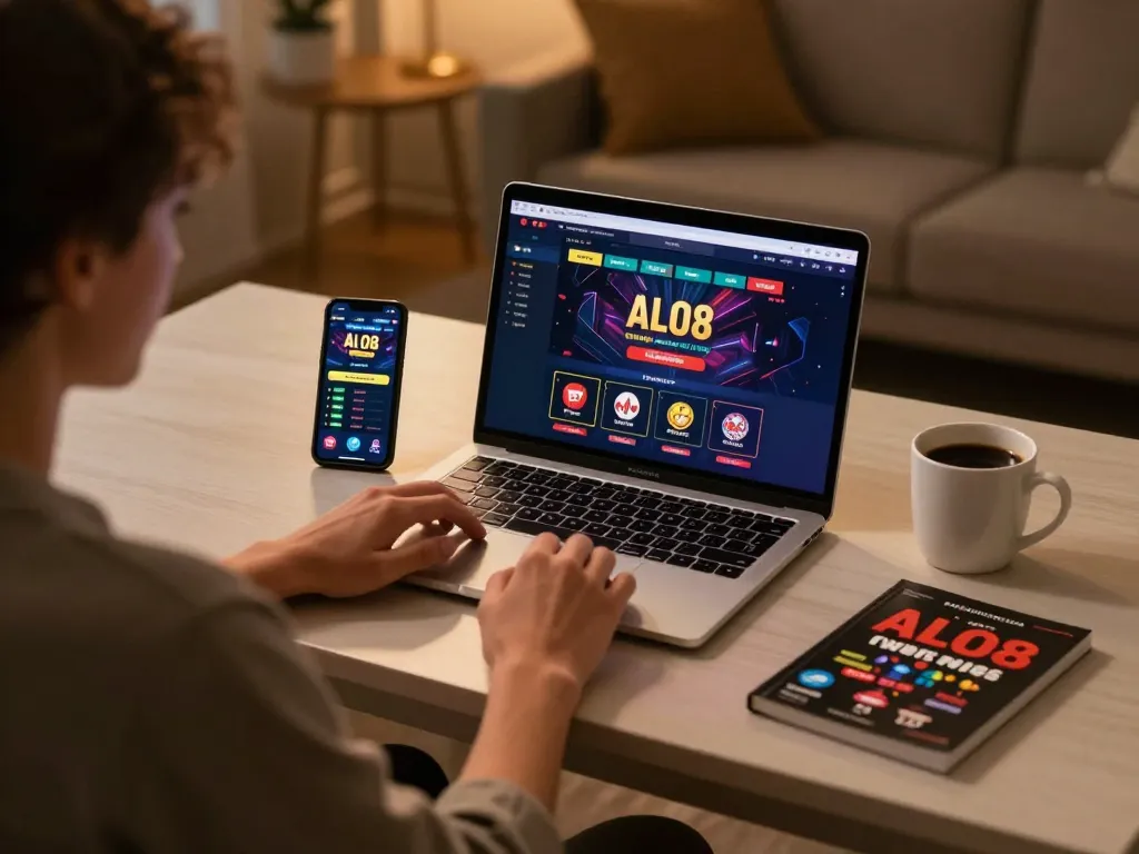 Player engaging with ALO8 casino online platform on laptop, showcasing dynamic gaming experience.