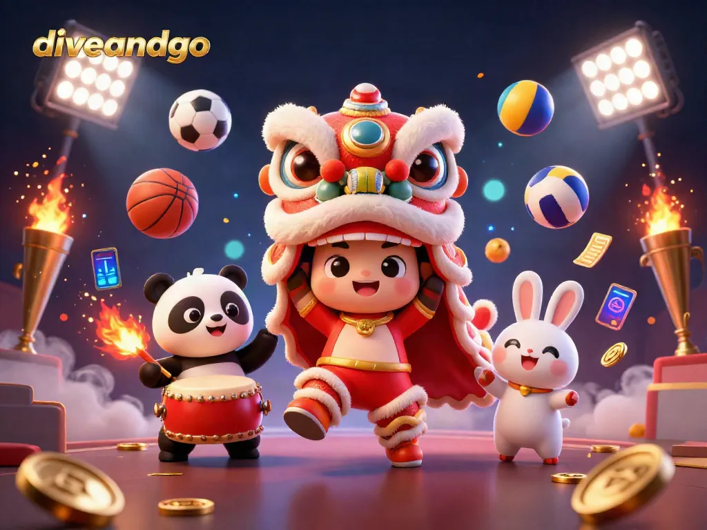 Experience the vibrant diveandgo sports betting scene with a lion dance, drumming panda, and flying sports elements.