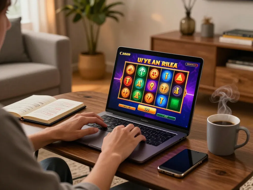 Engaging with bonus buy slots on a laptop in a cozy home environment.