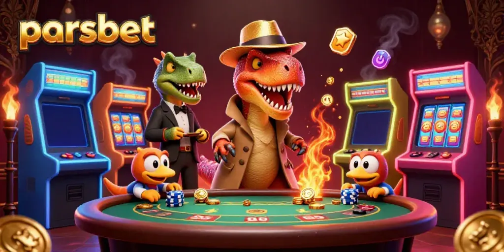 Parsbet'de blackjack masasında gizlenmeye çalışan 3D dinozor temalı oyun karakterleri ile dolu görsel.