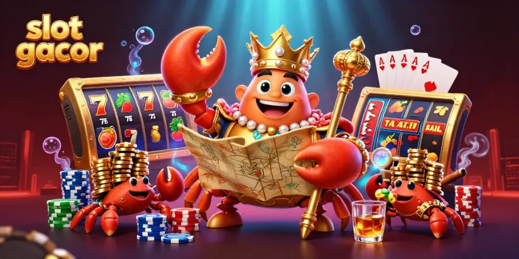 Mainkan slot gacor dengan karakter kepiting emas raksasa dan simbol keberuntungan lainnya di latar belakang.