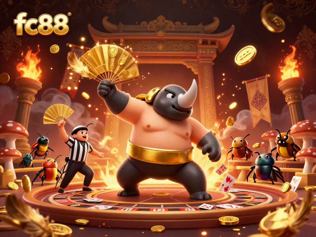 Win big with fc88, featuring a rhinoceros beetle champion and a thrilling live casino atmosphere.