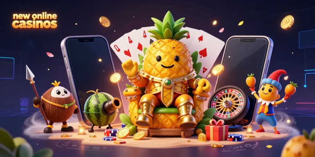 Engage with new online casinos featuring a vibrant 3D casino scene filled with fun characters and gaming elements.