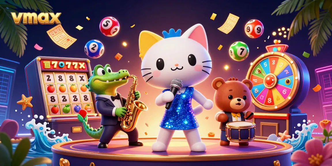 Engaging vmax casino scene featuring a singer cat, saxophonist crocodile, and drummer bear with jackpot elements.