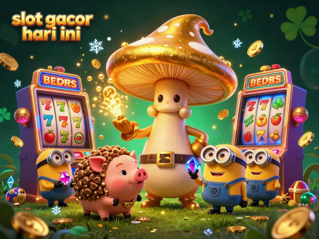 Gambarkan momen slot gacor hari ini dengan karakter canggih dan mesin slot berwarna-warni yang berputar.