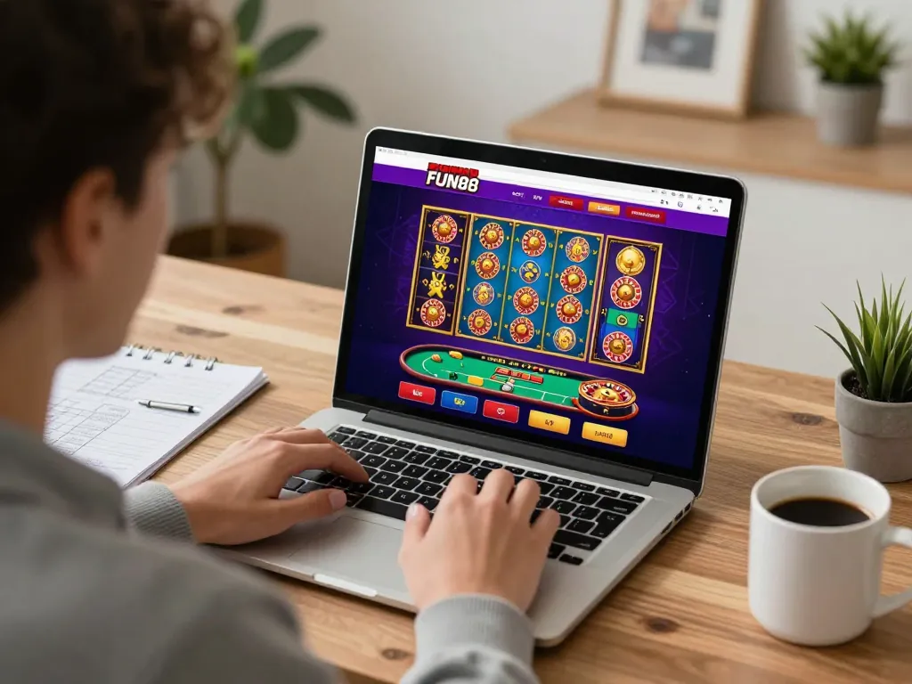 Player enjoying FUN88's online gaming experience at home with strategy notes in view.