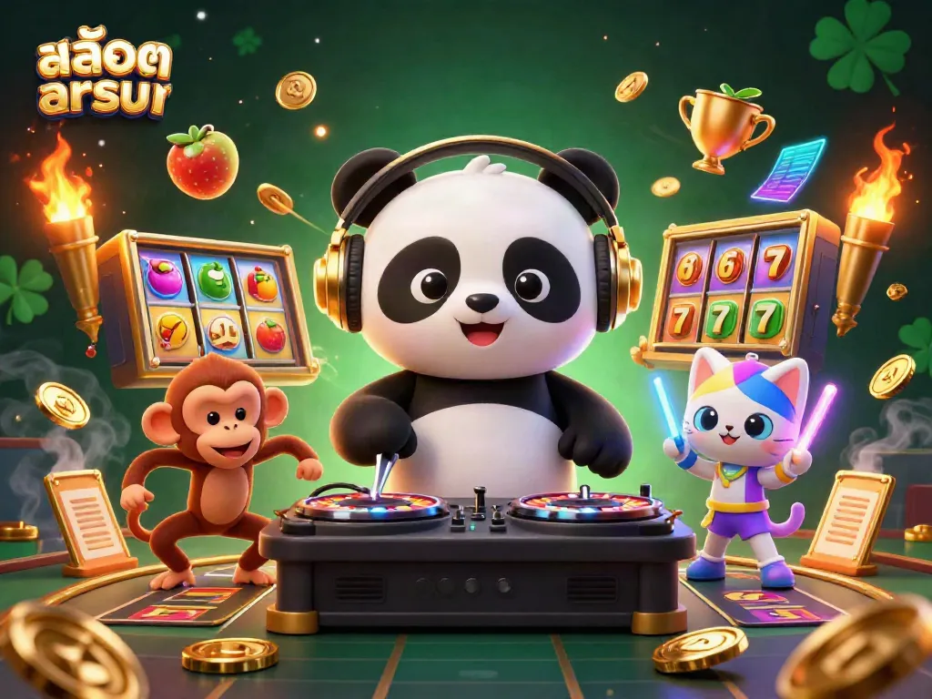 Engage with สล็อตทดลอง in this vibrant 3D casino scene featuring a DJ panda and dancing characters.