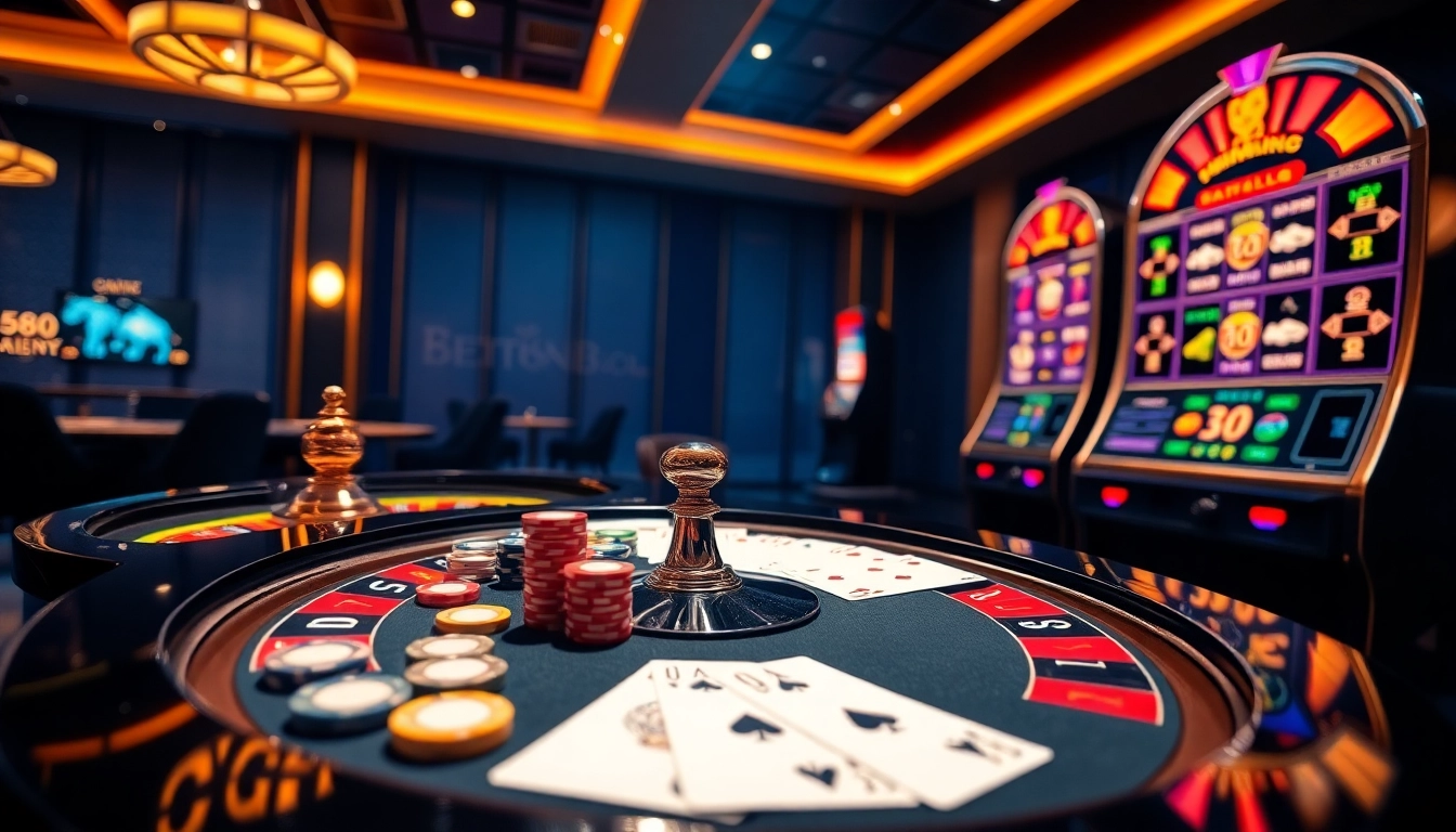 An engaging casino scene focused on online gambling elements for bet88vn.bio, featuring roulette, poker, and slots.