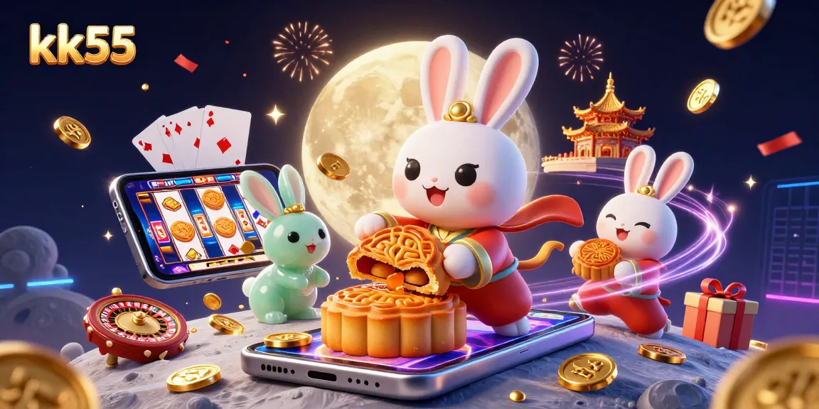 kk55 players celebrate winning with colorful casino elements in a vibrant moonlit scene