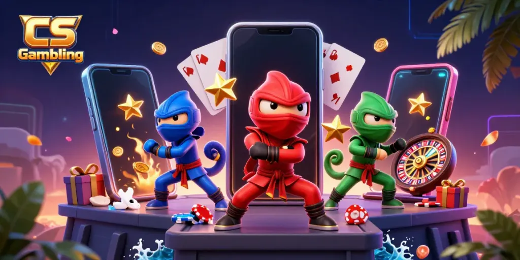 CS Gambling illustration featuring a ninja chameleon team performing martial arts on a rooftop surrounded by gaming elements.