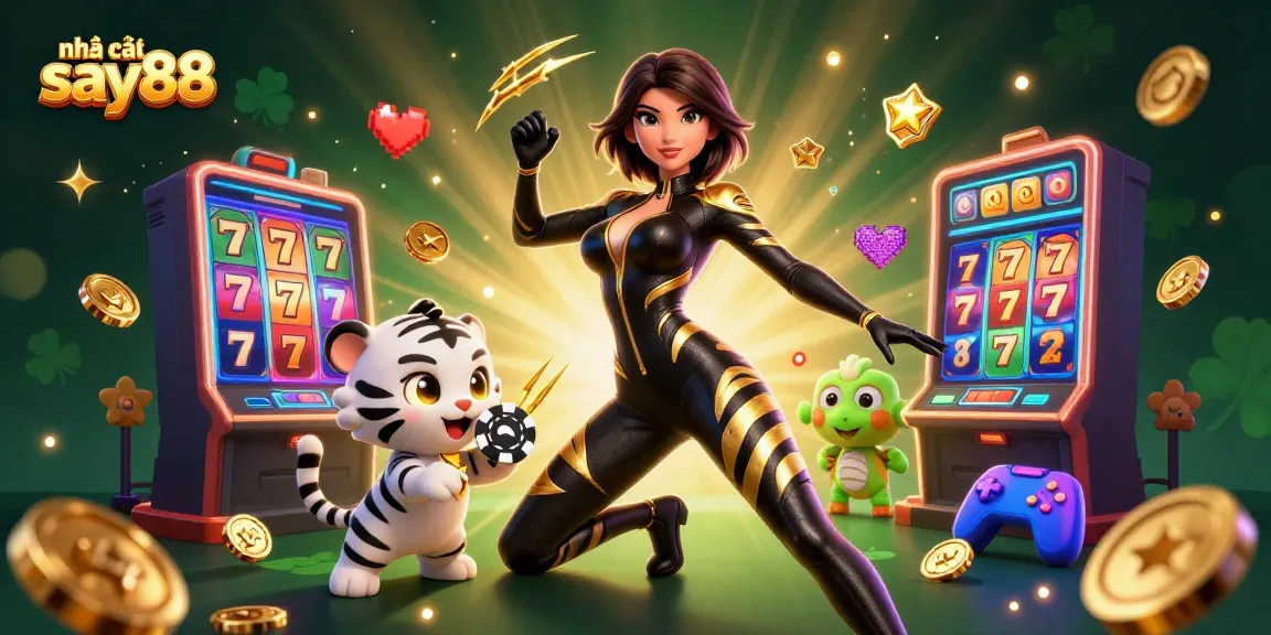 Engage with nhà cái say88 through a vibrant slot scene featuring a 3D woman, tiger, and gaming elements.