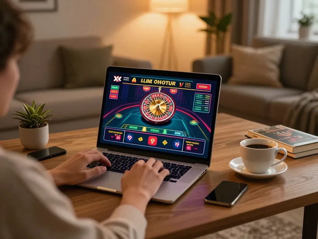 Engaged user playing online casino games at home with 789f platform on laptop screen