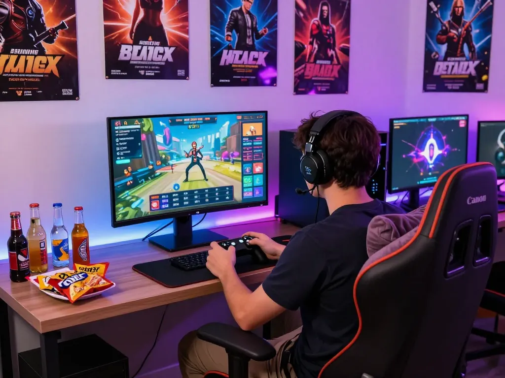 Player enjoying a porn game in a vibrant gaming setup, surrounded by colorful lights and snacks.