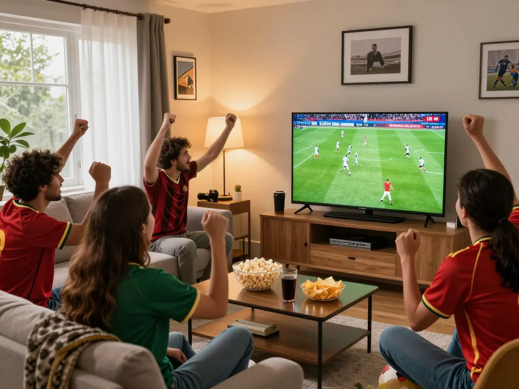 Friends celebrating a football match on Cakhia tv in a cozy living room.