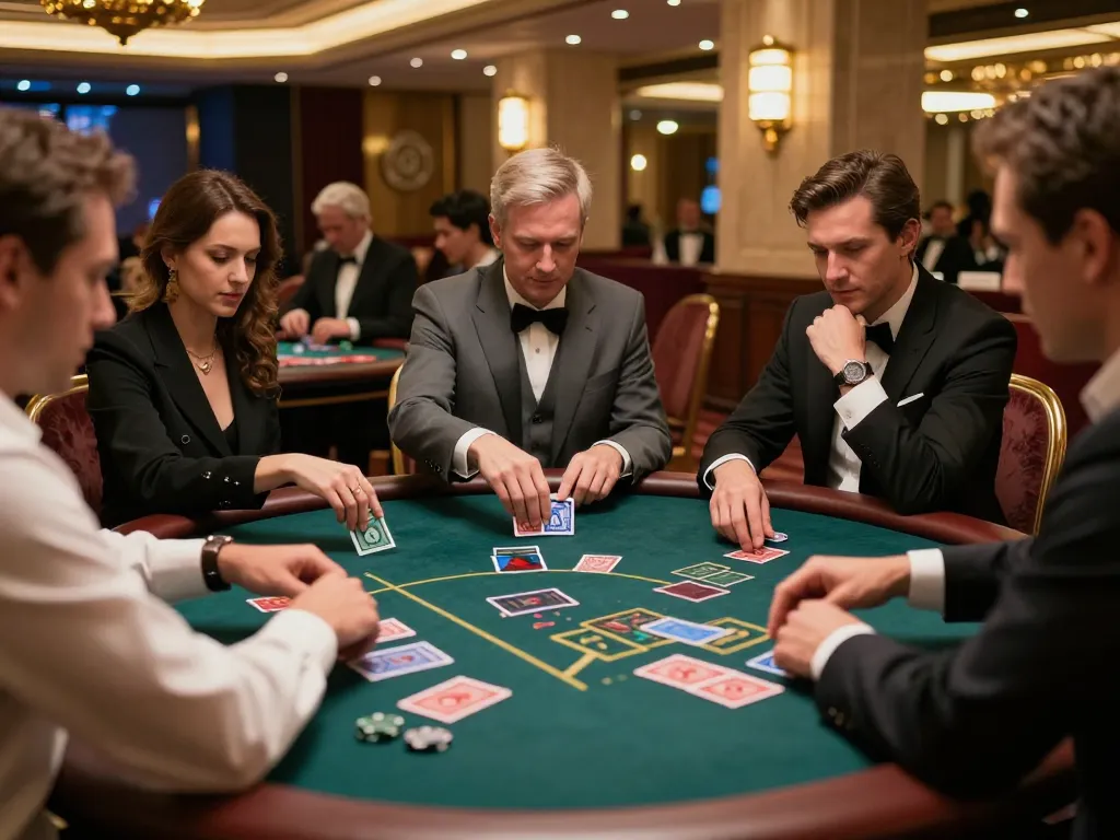 Players strategizing at a live blackjack table in an upscale casino, experiencing the thrills of 8xbet.