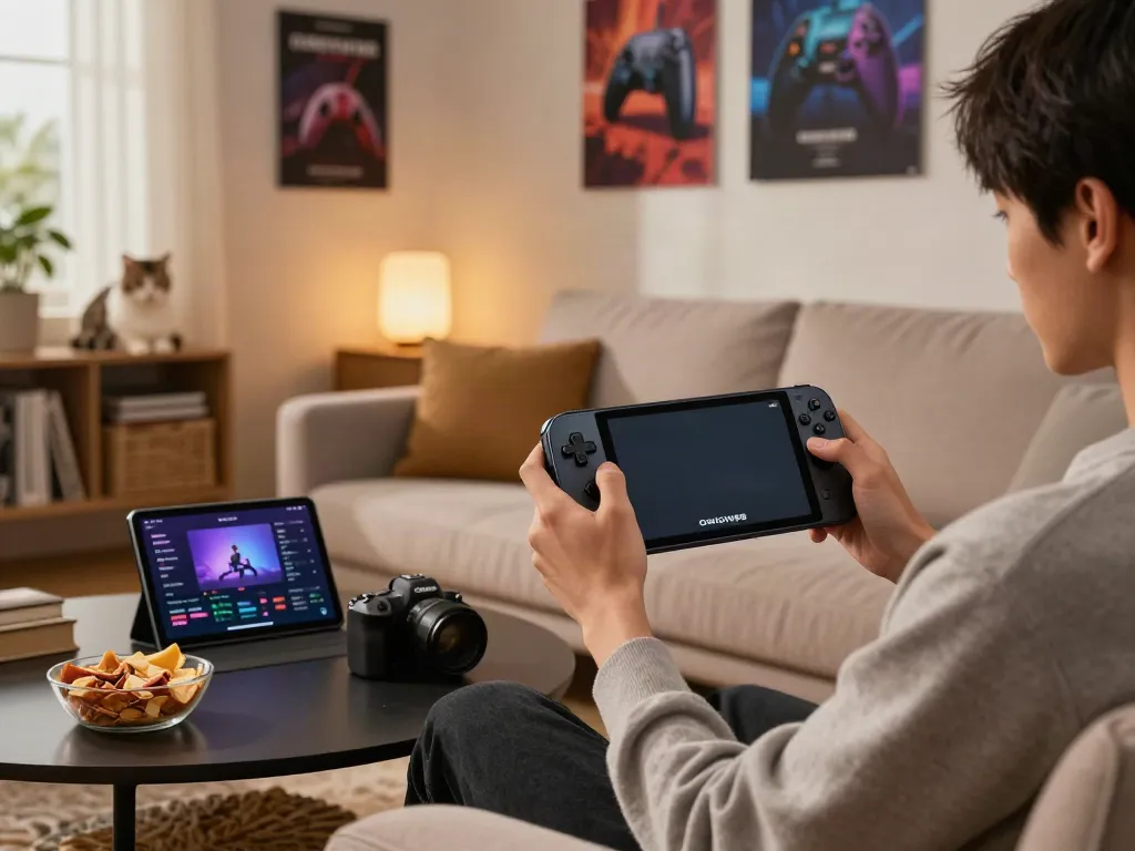 Engaged user playing ORION88 on smartphone in a cozy gaming setup.
