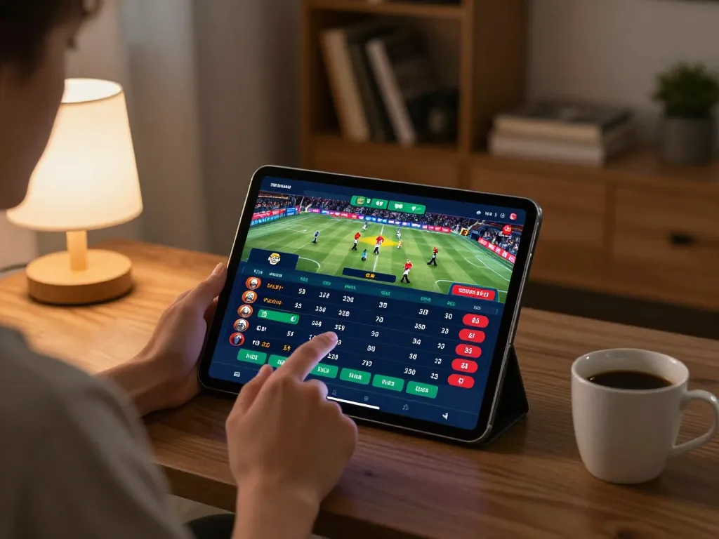 Engaging in online sports betting at home using the 78win app to check live odds.
