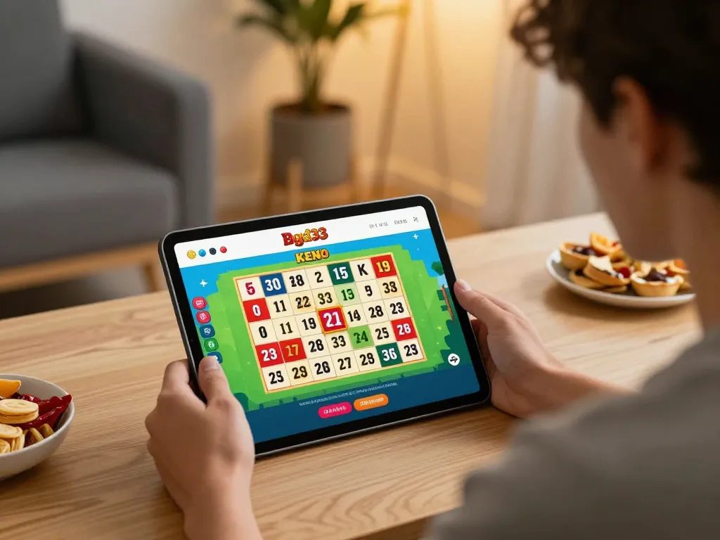 Player enjoying Keno on bgd33 website, tablet interface showcasing game numbers in warm home lighting.