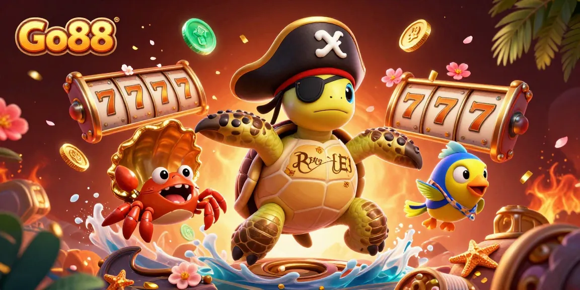 Engage with Go88's vibrant slots featuring a cartoon pirate turtle and mystical treasures.