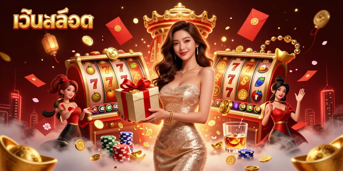 Engage in the excitement of เว็บสล็อต with vibrant slot machines, golden coins, and festive characters.