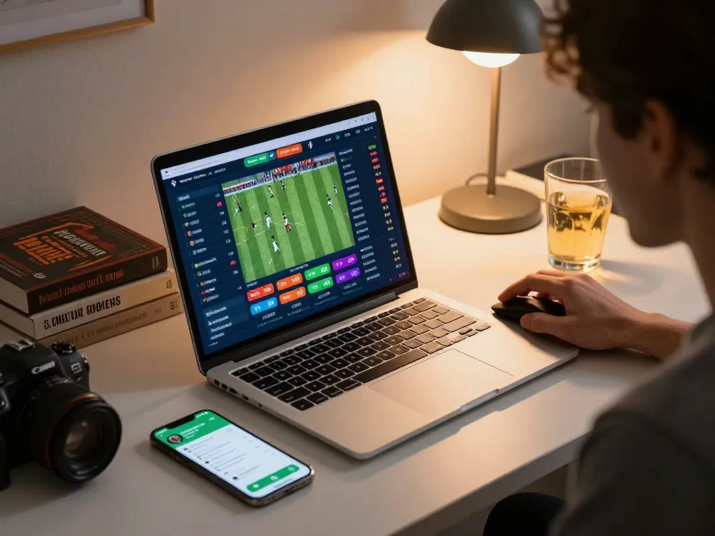 LIGALGO Daftar in action, person engaged in online sports betting showing live odds on laptop screen.