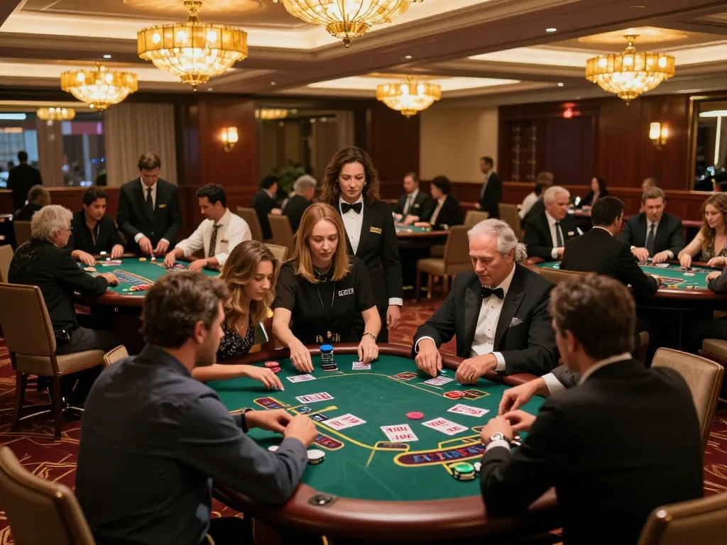 Sunwin players strategizing at blackjack tables in an upscale casino atmosphere