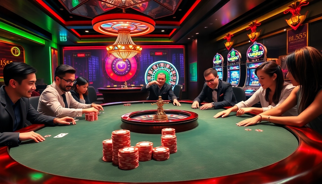 Jogadores engajados na mesa de poker do BL555, com uma atmosfera de cassino vibrante, demonstrando empolgação.