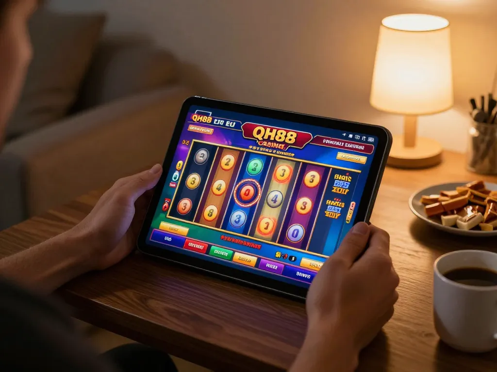 Player engaging with Qh88 EU casino app showcasing colorful slot game on tablet in cozy home setting