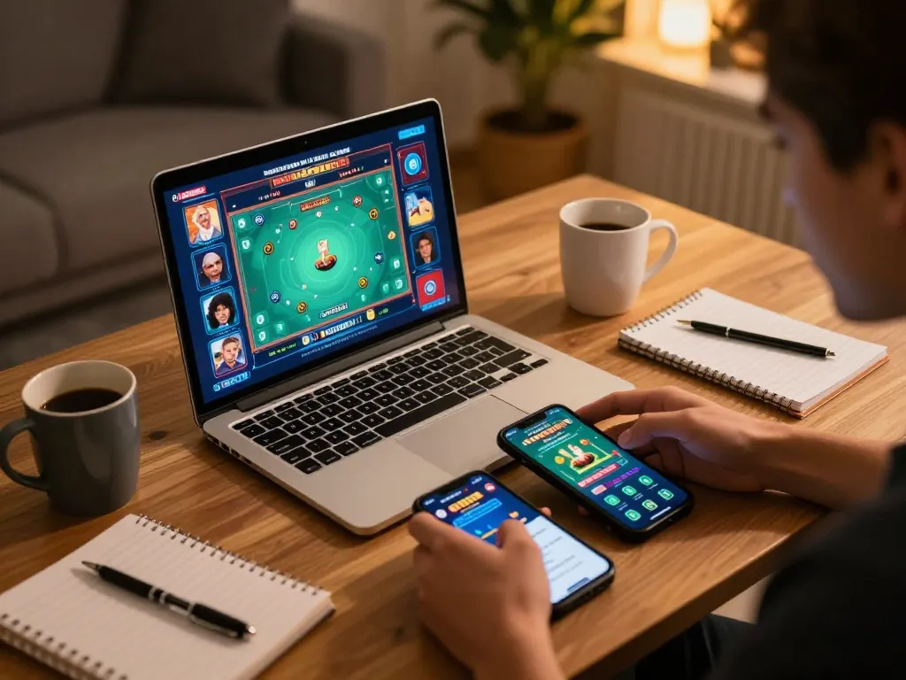 Player enjoying non gamstop casinos on laptop in cozy home office with strategy notes.