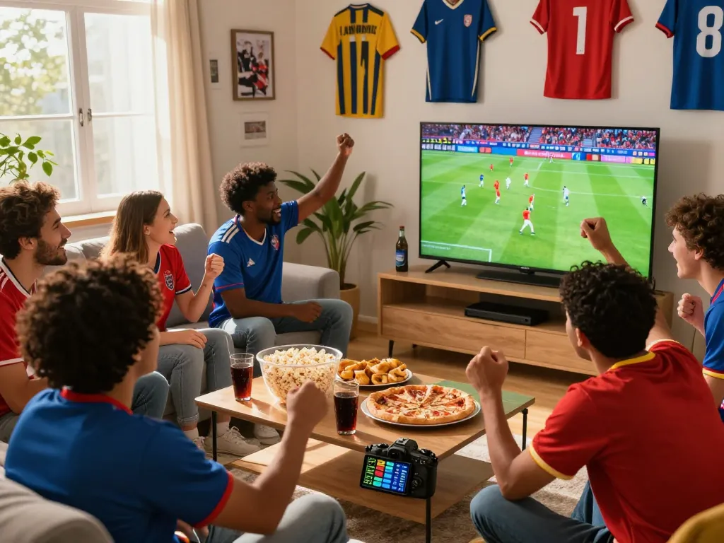 Socolive TV viewing party with friends enjoying a live soccer match in a festive living room.