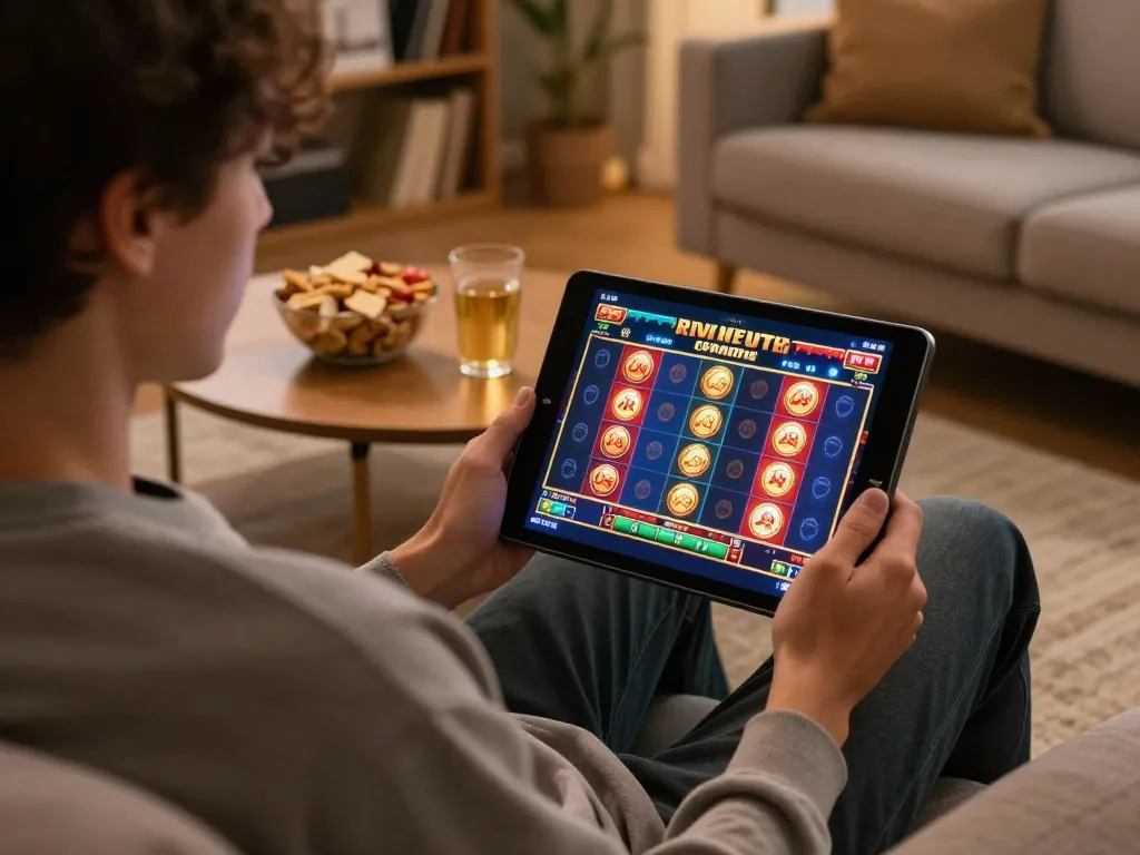 Person enjoying online gaming at home with O8 casino on a tablet, surrounded by snacks and a cozy atmosphere.