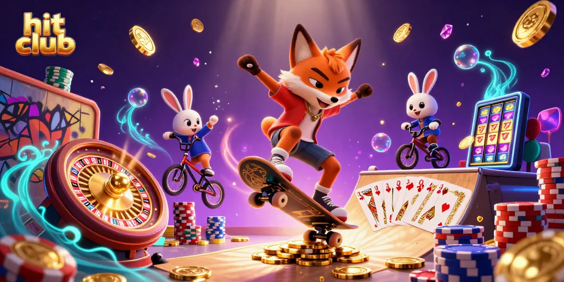 Hit club illustration showcasing a dynamic scene with characters performing tricks amidst casino symbols and bright gambling elements.