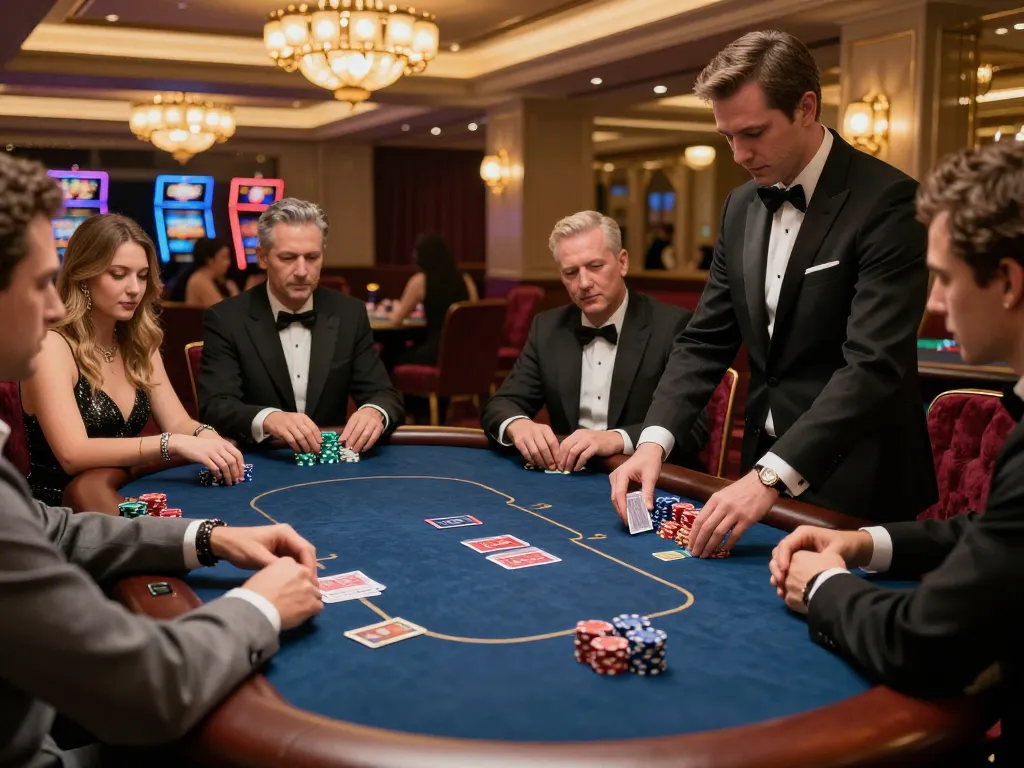 Dash88 poker chips and cards in an upscale casino setting, highlighting strategic gameplay.