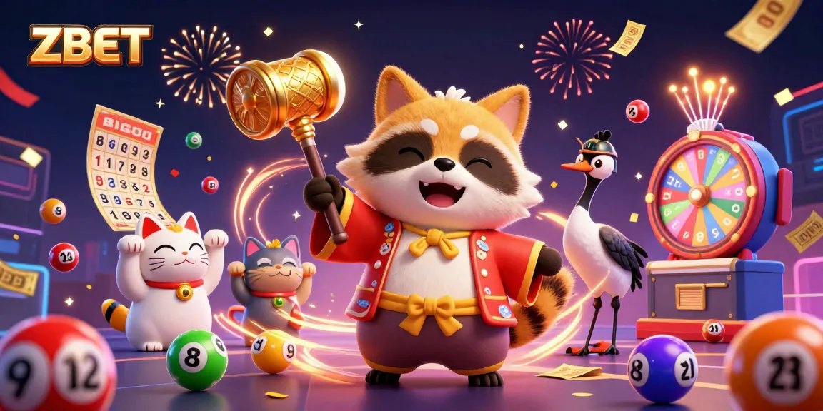 ZBET engages players with colorful lottery elements and cheerful characters in a dynamic casino scene.