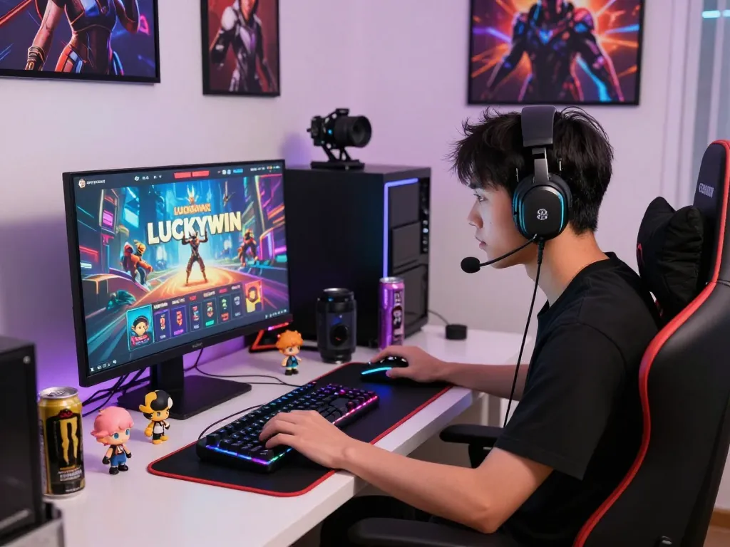 Online gamer experiencing LUCKYWIN gaming thrills at home with vibrant accessories and colorful lighting.