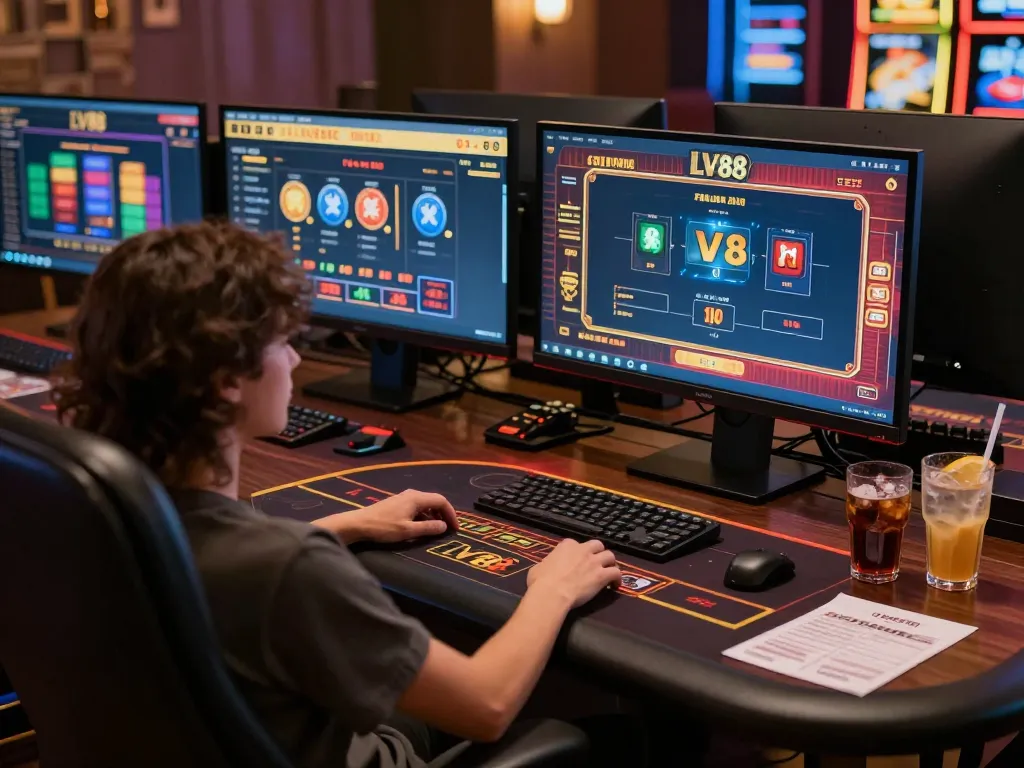 Engaging in strategic online gambling with LV88 casino games on multiple screens.