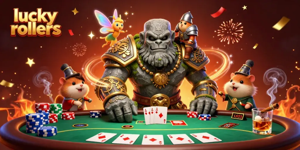 Engage with the thrilling atmosphere of lucky rollers at a vibrant poker table with dynamic characters.