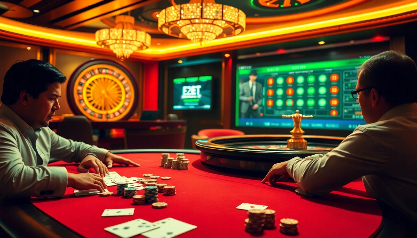 E2bet players engaged in an exciting poker game at a luxurious casino table.