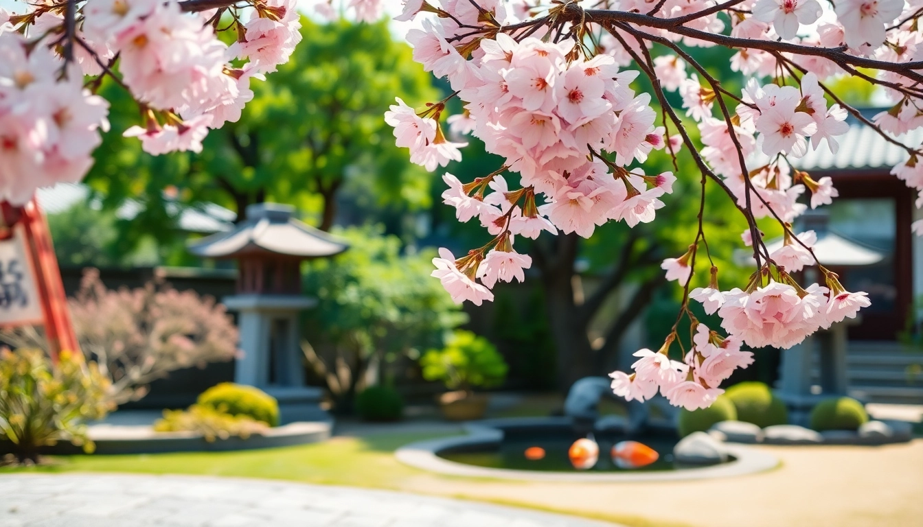 优塔的美麗櫻花樹在寧靜日式花園中綻放。