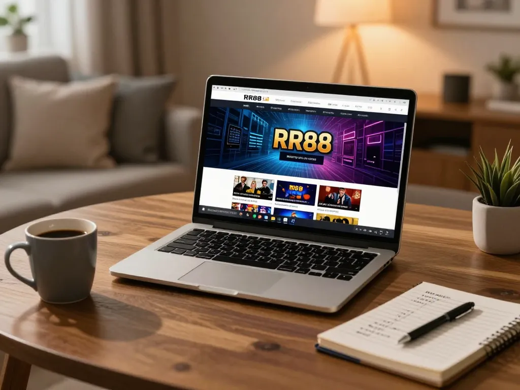 Engaging in RR88 online gaming setup with laptop and betting strategies, a cozy environment.