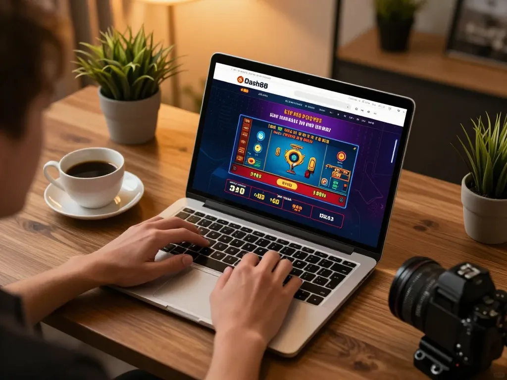 Engaged player exploring Dash88 online casino games on a laptop, vibrant setting with warm ambiance.